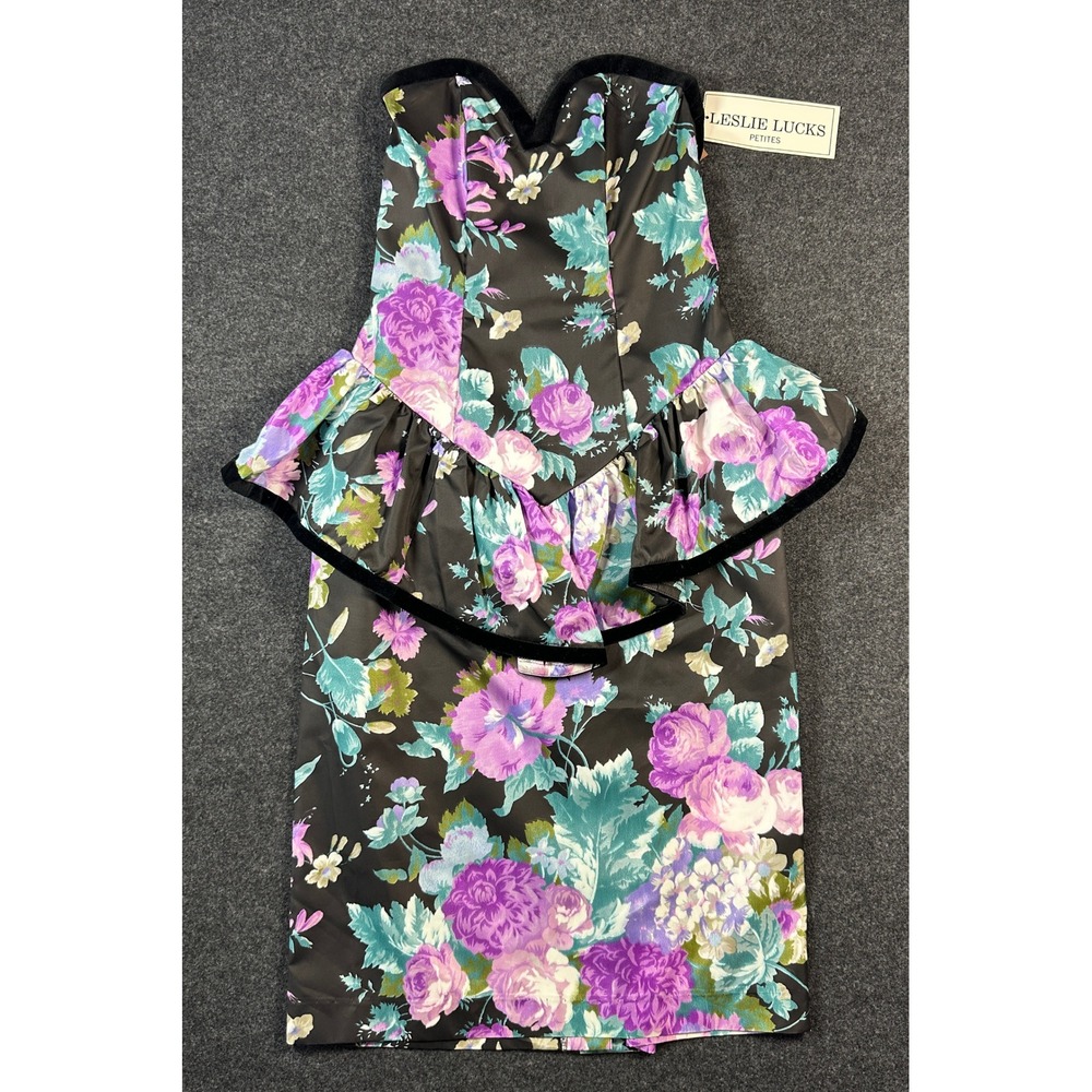Leslie‎ Lucks Petites Vintage Strapless Floral Peplum Dress Black Purple Size 6